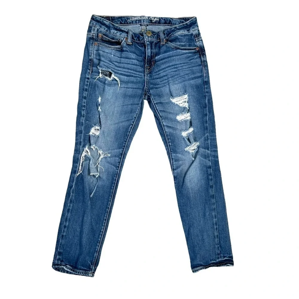 American Eagle AEO Y2K Distressed Grunge Frayed Slouchy Mid Rise Jeans Size 4